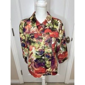 Chicos womens L Floral Lightweight Linen Cotton Blend Tucker Jacket 2